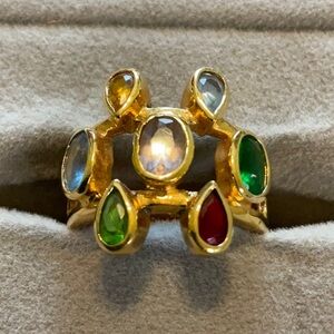 Sterling Silver Gold Wash Multi-Color Tear Drop Shaped Glass Stone Ring